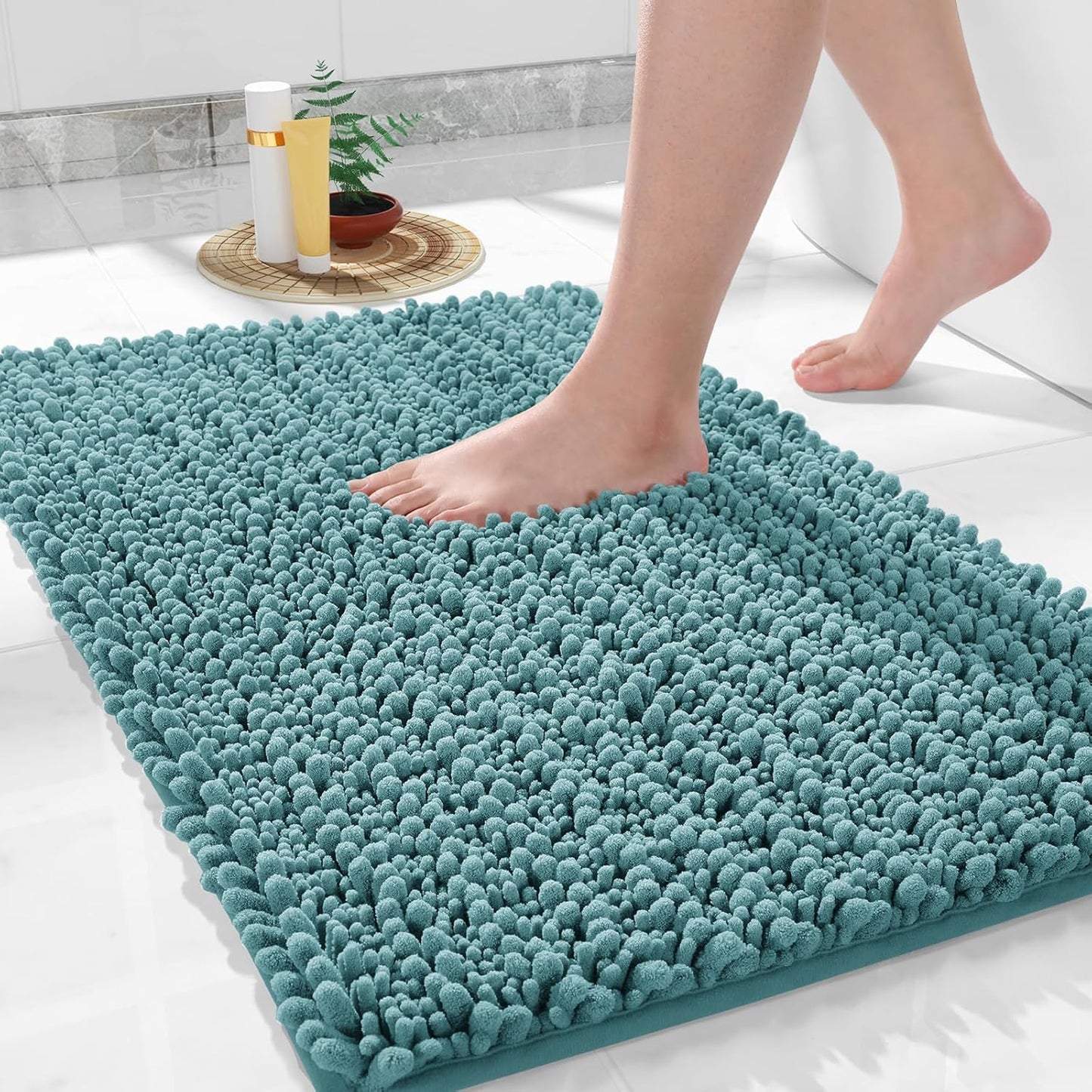 Yimobra Bathroom Rugs Non Slip Washable 32x20 Inch - Ultra Soft Absorbent Chenille Bath Mat, Quick Dry Shaggy Floor Carpet for Tub Shower, Teal Blue Home Decor Accessories
