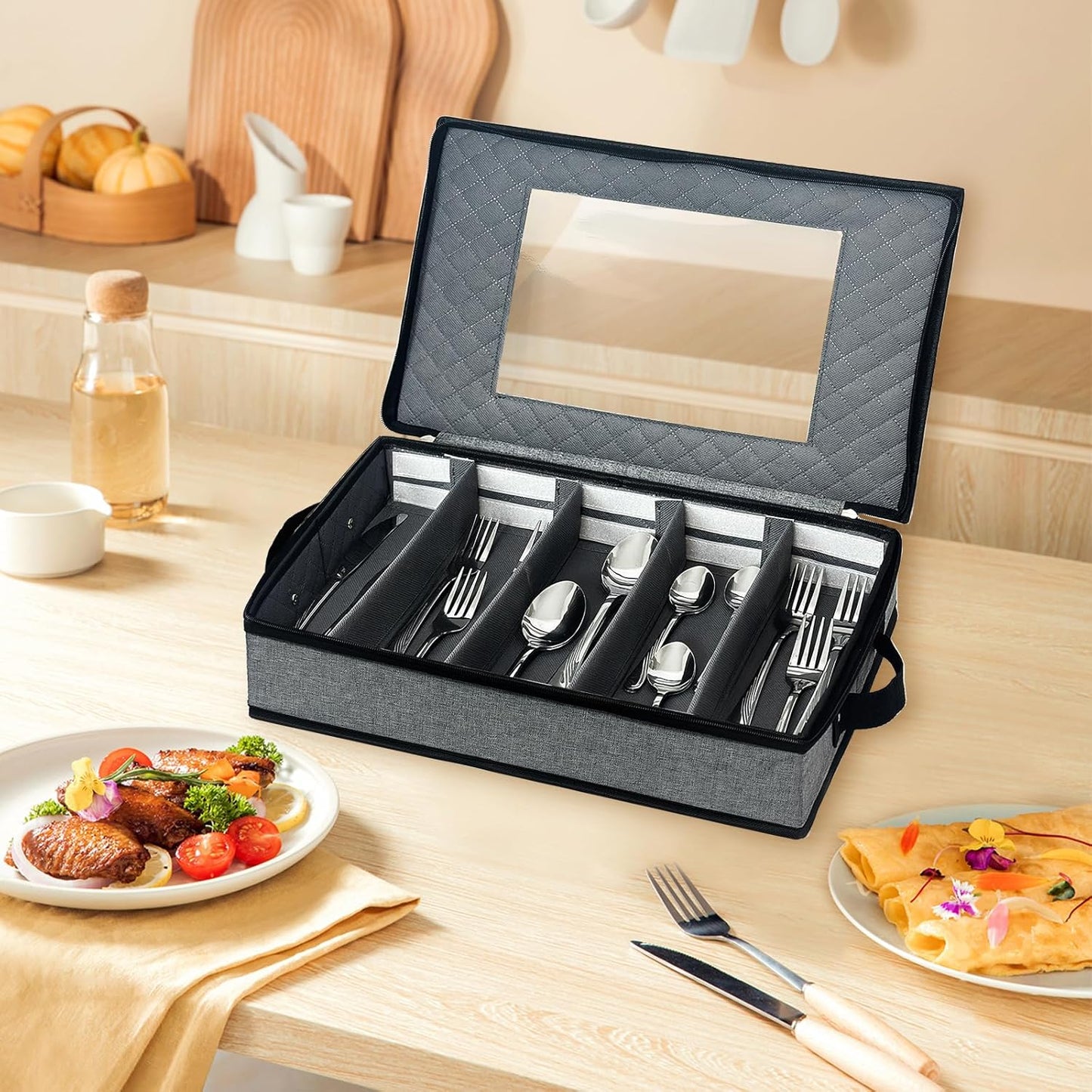 VERONLY Flatware Storage Case, Silverware Storage Box Chest with Dividers, 5 Compartment Cutlery Holder, Light Gray