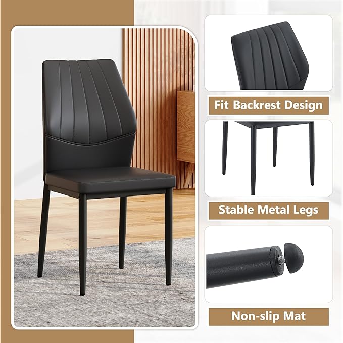 Black Dining Chairs Set of 8, Modern PU Leather Kitchen Chairs with Soft Cushion and Black Metal Legs, Waterproof and Easy to Clean, Armless Dining Chairs for Dining Room,Kitchen,Apartment