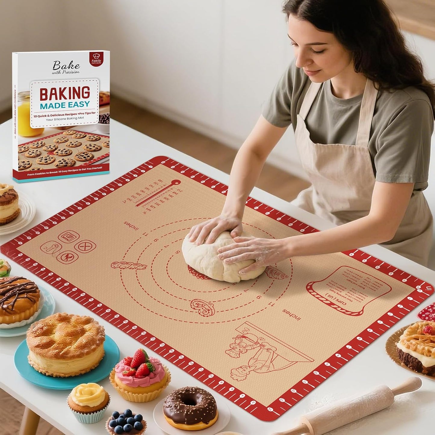 Silicone Baking Mat with Recipes, Extra Thick Silicone Mats for Baking, Non Stick Pastry Mat for Rolling Dough, Silicone Macaron Baking Mat for Cookie,Bread,Pizza,Fondant Mat, Oven&Dishwasher Safe