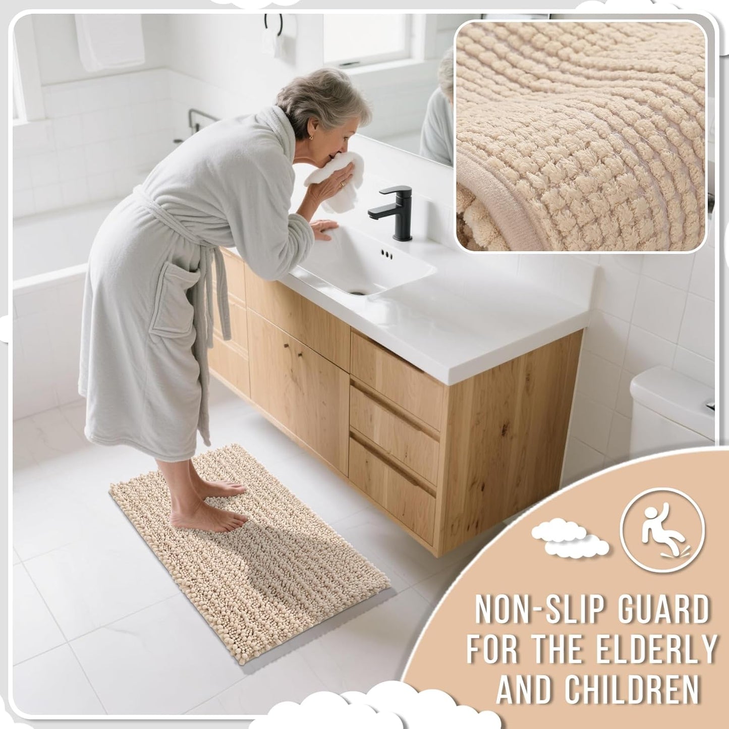 Yimobra Bathroom Runner Rug 55x24 Inch - Extra Long Non Slip Chenille Bath Mat, Soft & Absorbent, Machine Washable Shaggy Hallway Carpet for Vanity Tub Shower, Light Brown Home Decor Accessories