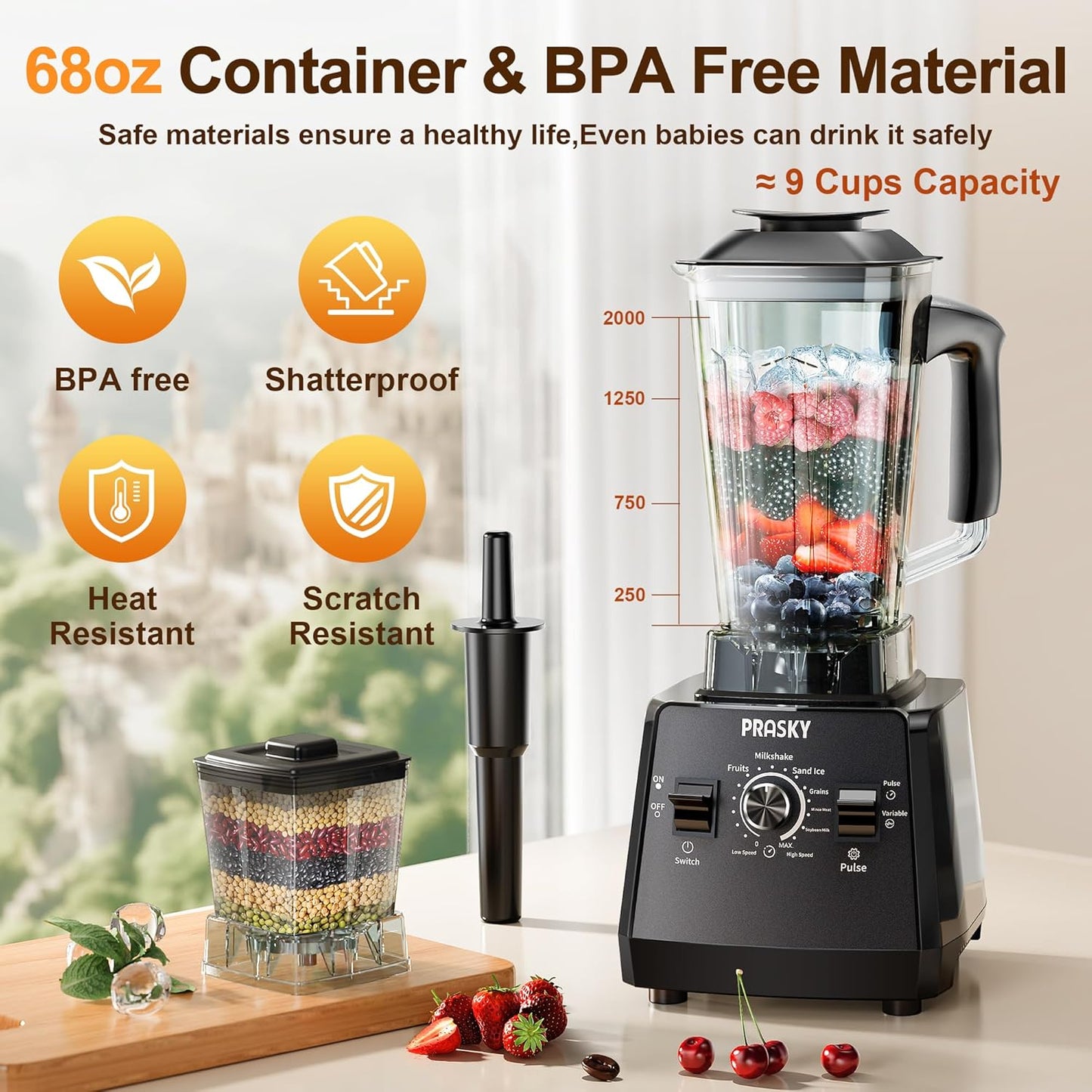 Professional Blender,Smoothies Blenders, PRASKY Max.2400Watts/1000Watts Blender and Grinder Combo 25000RPM Powerful Kitchen 68oz BPA Free 2 Containers Countertop Blenders Ice Crushing, Juice