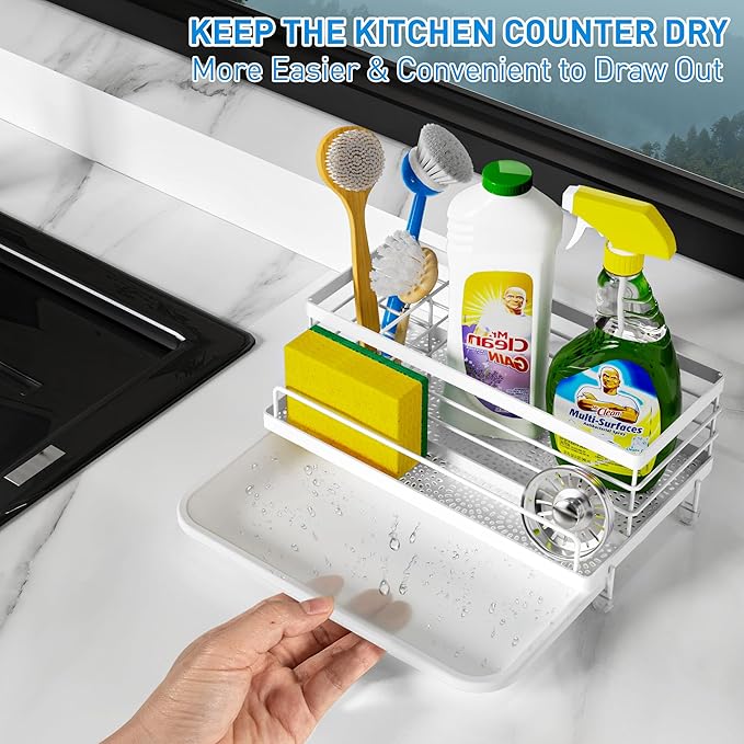 Cisily Sink Caddy Organizer, Kitchen Sink Accessories with Drip Tray, Rustproof and Non-Slip, White