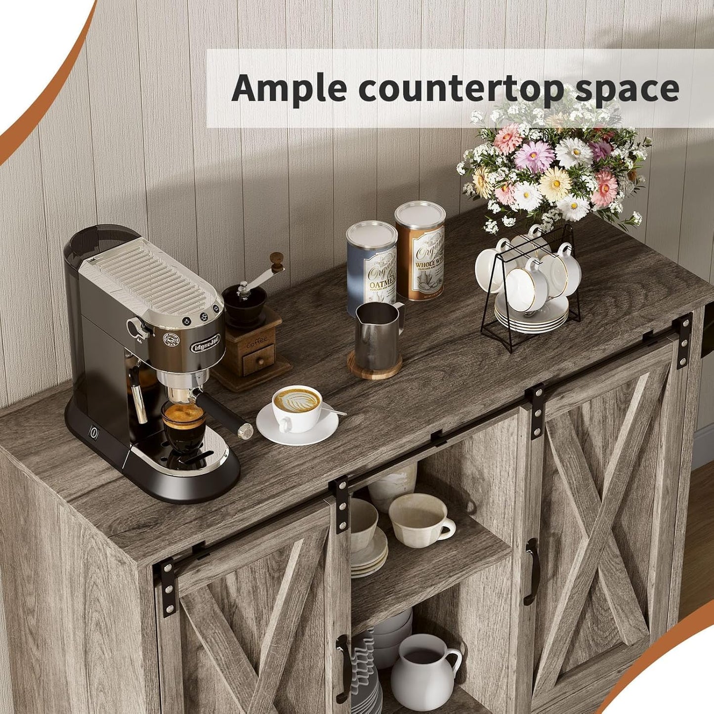 4 EVER WINNER Farmhouse Coffee Bar Cabinet with Sliding Barn Door, 42” Coffee Bar Table with Adjustable Shelves, Buffet Cabinet with Storage for Kitchen Living Dining Room, Wash Grey