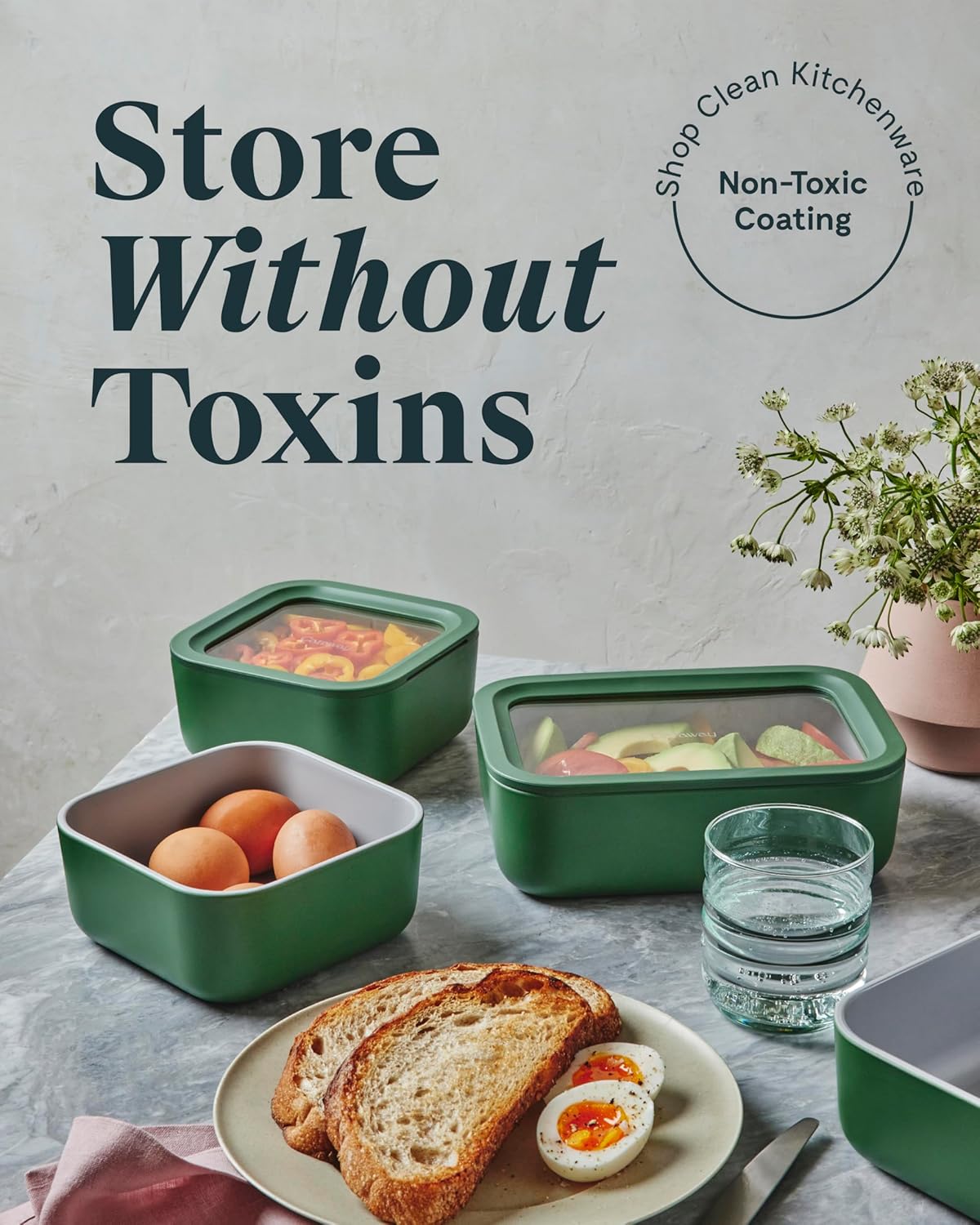 Caraway 2pc Glass Food Storage Set - 6.6 Cup Food Containers (2) - Ceramic Coated - Non Toxic, Non Stick Lunch Box with Lids. Dishwasher, Oven, & Microwave Safe - Cream