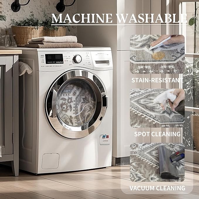 Area Rug for Living Room - 8x10 Boho Vintage Taupe Neutral Washable Rug for Bedroom Dinning Room - Soft Low-Pile Oriental Carpet Non-Slip Tan Rugs for Office - Soft Brown