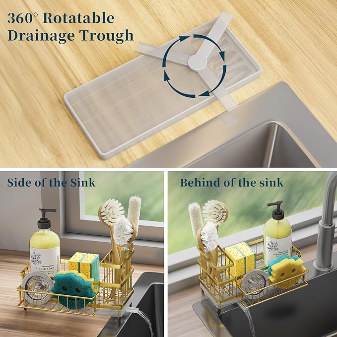 Consuemst Sponge Holder for Kitchen Sink - Auto Draining Sink Caddy Organizer with Detachable Rack, High Brush Holder, Kitchen Countertop Storage Accessories, Gold