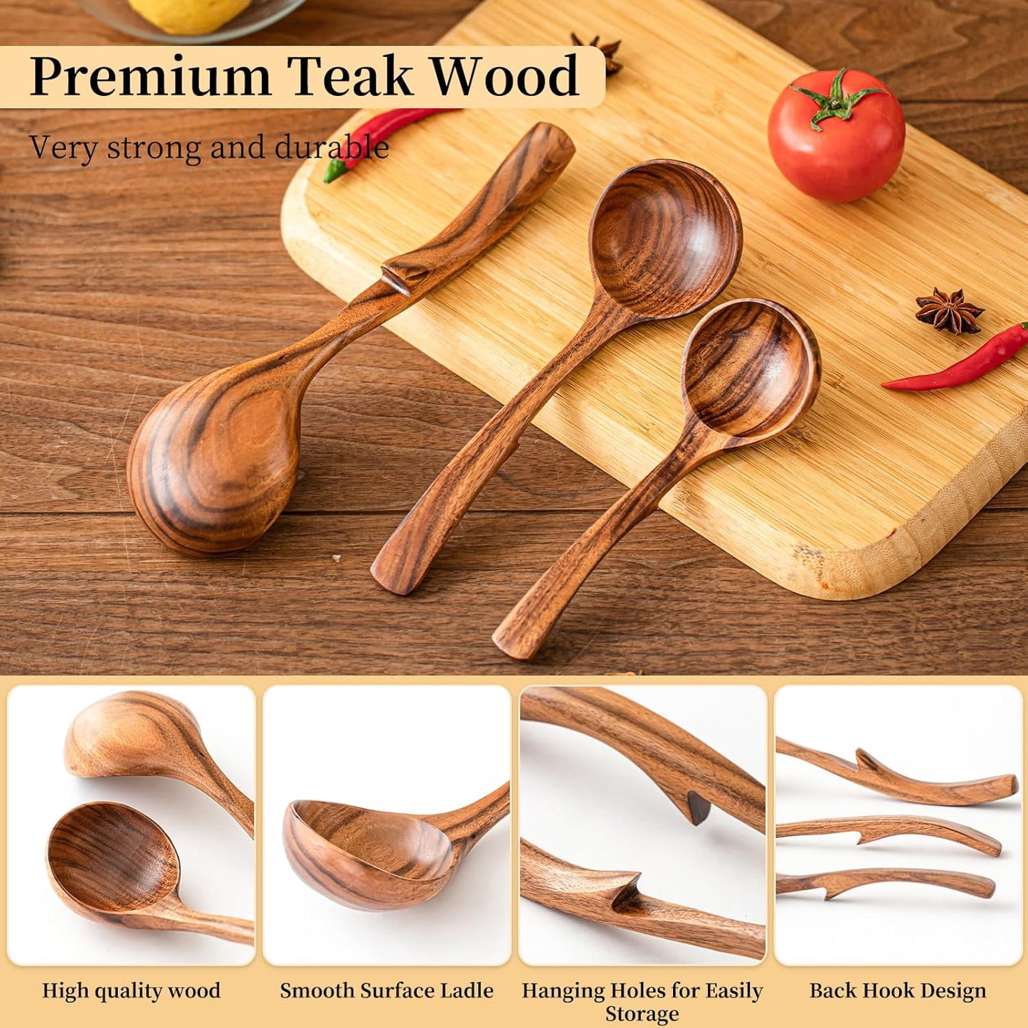 Gudamaye 3 Size Wooden Soup Ladles Set,3 Hooks for Bowl,Pot. Natural Teak Wooden Ladle,10.6 inch Big Soup Ladle, 9 inch Serving Spoon & 8 inch Wood Ladles for Cooking,Teak Deep Ladle Spoons