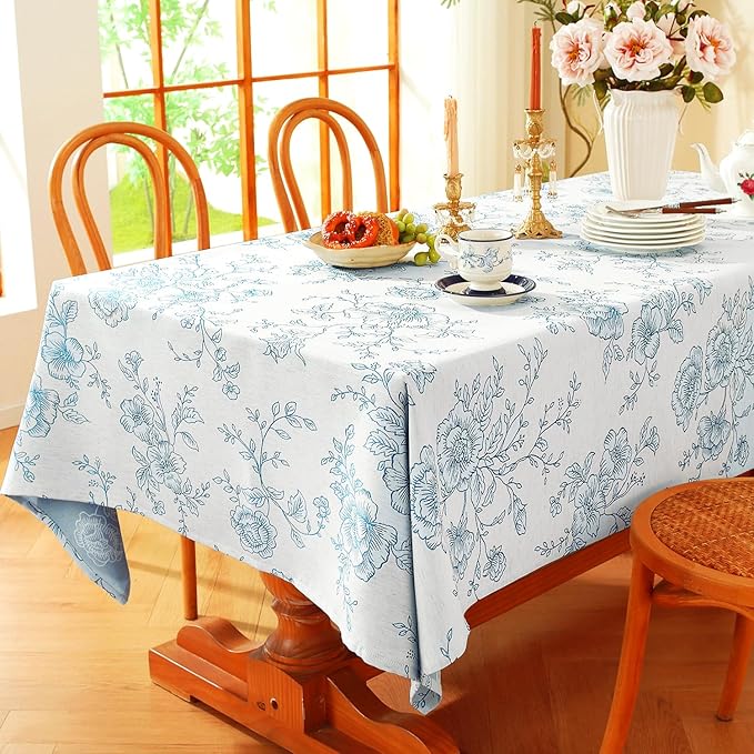 Chassic Premium Vintage Farmhouse Damask Floral 52 x 70 inch Rectangle Table Cloth – Water Resistant Linen Textured Jacquard Tablecloth for Kitchen Dining & Picnic Decor - Blue