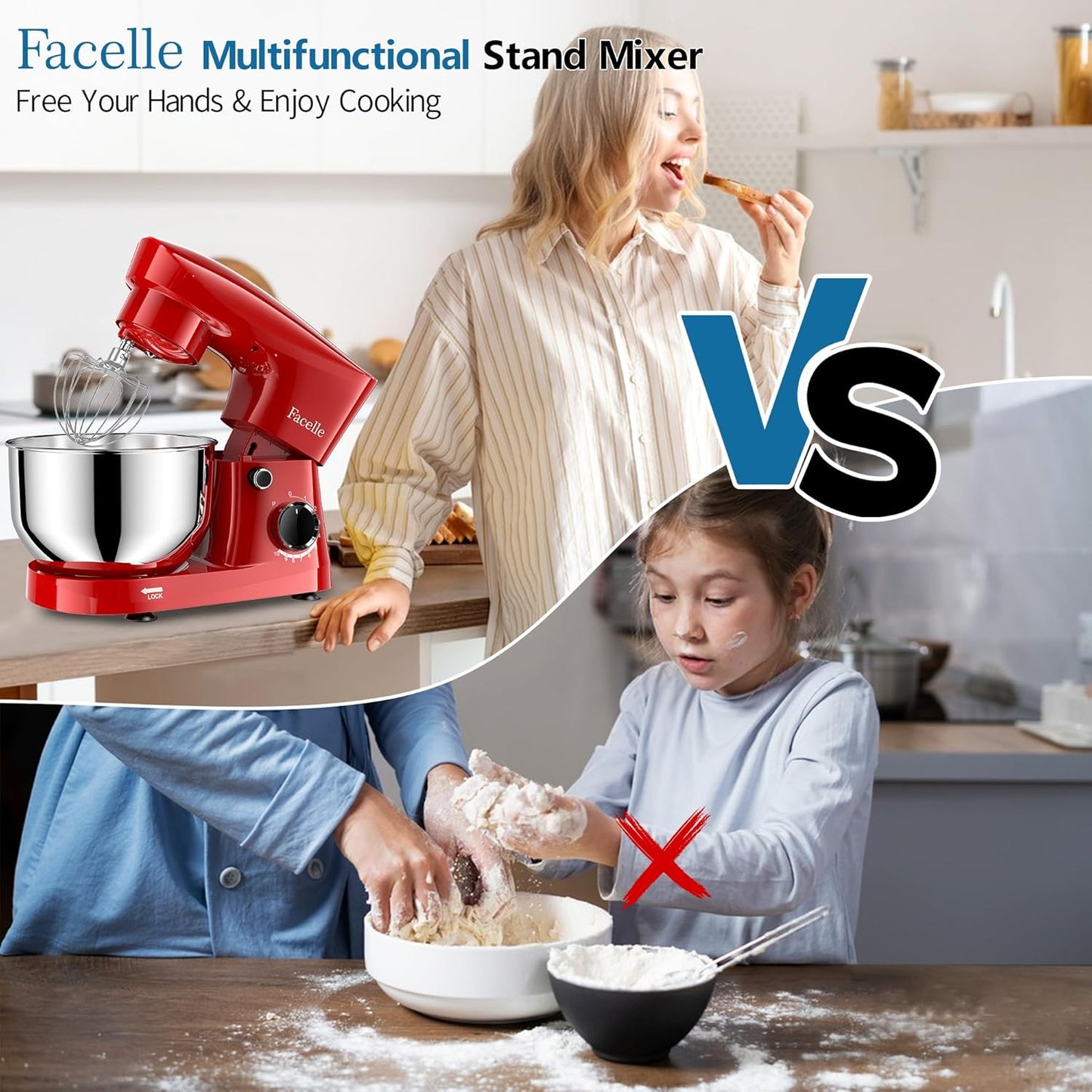 Facelle Stand Mixer, 10-Speed 6QT Kitchen Electric Mixer, Tilt-Head Food Mixer with Beater, Dough Hook, Wire Whip and Egg Separator, scraper for Most Home Cooks - Red