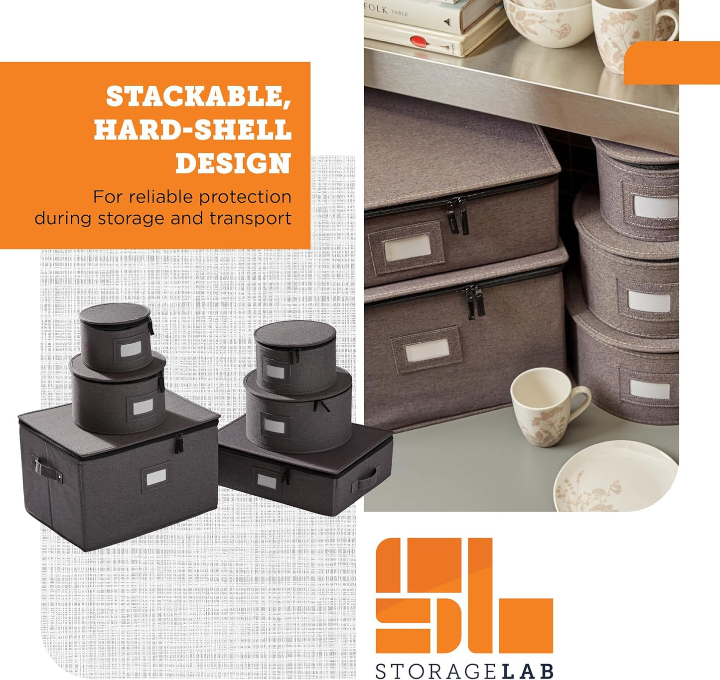 storageLAB China Storage Containers, Hard Shell Case with Felt Dividers for Charger Plates, and Dishes, Ideal for Kitchen Organization, Moving Supplies, and Fine China Storage - 6-Piece Set, Gray