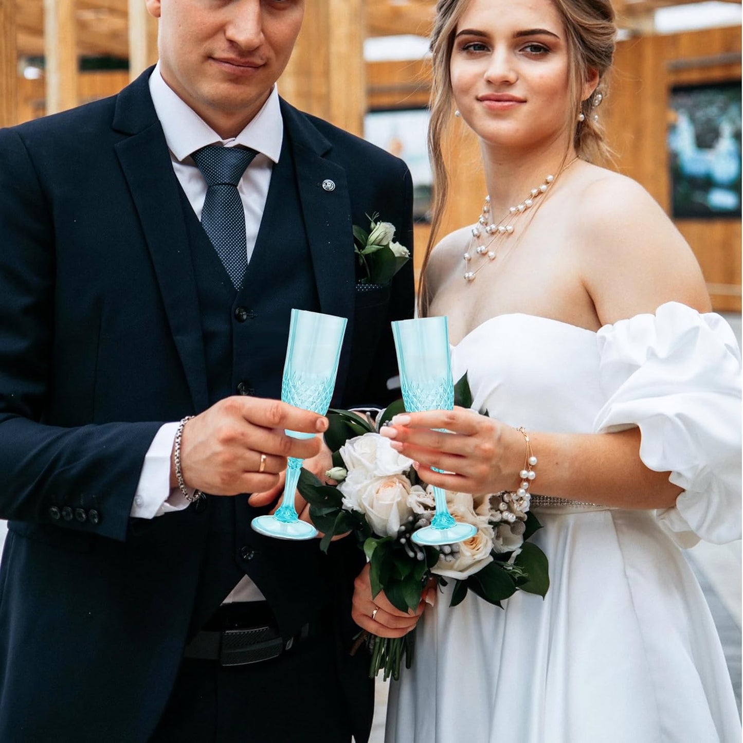 Plastic Champagne Flutes, 48PCS Light Cyan Wine Glasses Goblets Reusable Champagne Flute for Weddings, Bachelor Parties, Toasting, and Events(48,Light Cyan)