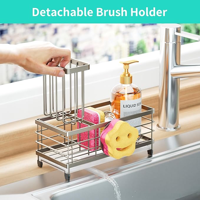 HapiRm Sink Caddy Sponge Holder - Self-draining Kitchen Sink Organizer with Smiley Face and Brush Holder, Stainless Steel Kitchen Organizer for Countertop - Brushed Nickel