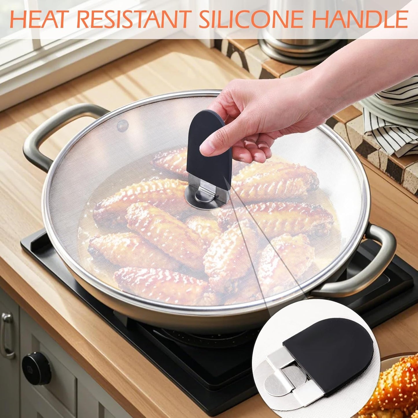 Snowyee Grease Splatter Guard, 3PCS Splatter Screen with Silicone Heat Resistant Handle and Stainless Steel Fine Mesh Design for Safe Indoor and Outdoor Cooking (13/11.5/10 inch and 33/29/25cm)