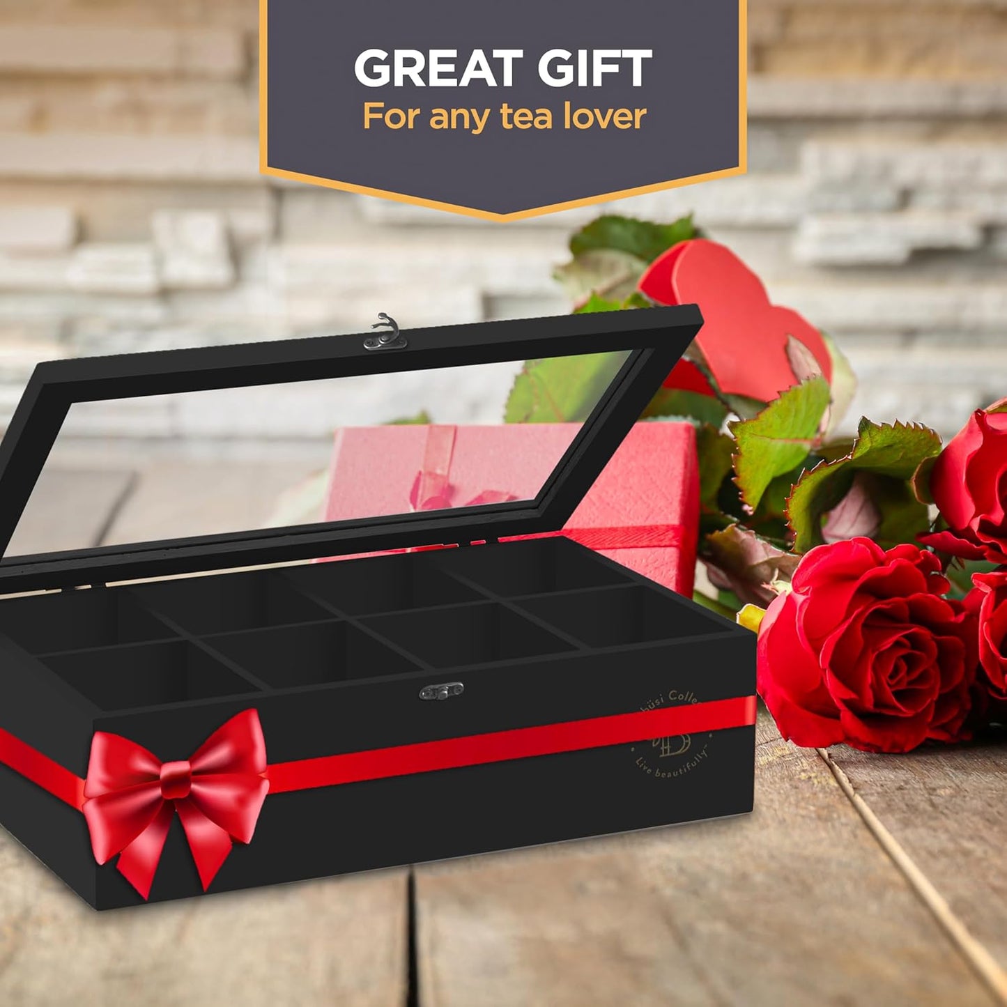 Bambüsi Tea Bag Organizer - Bamboo Tea Box Organizer Storage Box, Tea Bag Holder with Acrylic Window, Magnetic Lid Keeps Tea Bags Fresh - Ideal Gifts Tea Organizer Caddy (Tea Not Included) - Black