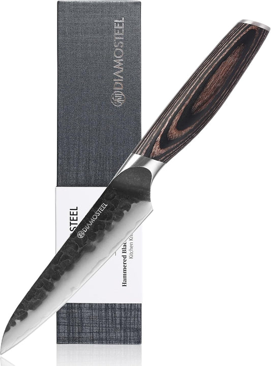 Utility Knife - 5-Inch Professional Kitchen Utility Knife - Hammered Black Oxide Blade Japanese 9CR18MOV High Carbon Stainless Steel - Ergonomic Pakkawood Handle with Present Box