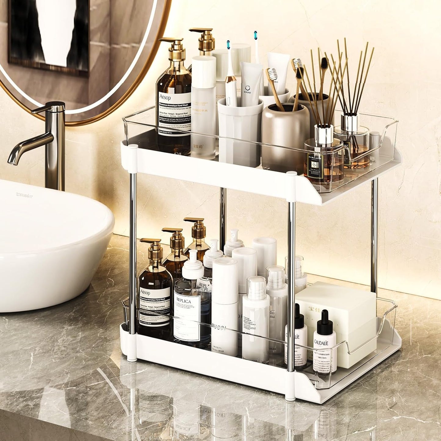 JLKDQ 4 Pack Bathroom Under Sink Organizers and Storage, 2-Tier Pull Out Cabinet Organizer and Medicine Storage Shelf,Fit Cabinets, Kitchens,Food Pantry. (White&Clear,10.63" L x 8.0" W x 8.46" H).