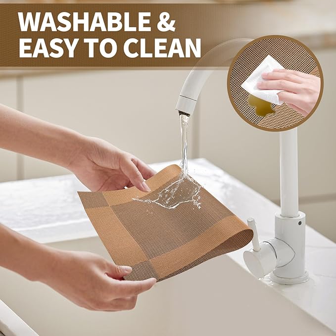 Brown Placemats Set of 6-Durable PVC Table placemats,Vinyl Woven Place Mats for Dining Table Heat Resistant Non-Slip Washable Indoor/Outdoor Table Mats 12 x17 inch