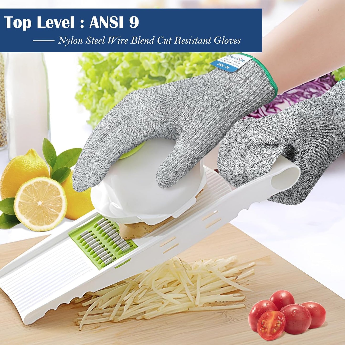 Dowellife Soft Level 9 Cut Resistant Gloves Food Grade, Steel Wire Mixed Kitchen Safety Gloves for Chef Oyster Shucking Mandoline Knife Butcher Meat Cutting Carving (Small)