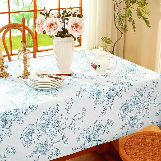 Chassic Premium Vintage Farmhouse Damask Floral 60 x 104 inch Rectangle Table Cloth – Water Resistant Linen Textured Jacquard Tablecloth for Kitchen Dining & Picnic Decor - Blue