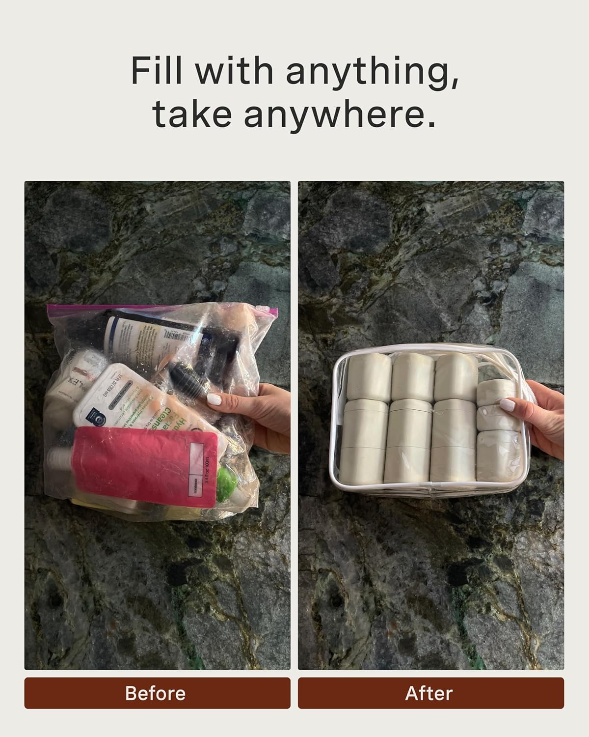 Cadence Travel Containers - Core Skincare Set - Magnetic Containers with Lids,2 Small (0.56oz) & 3 Medium (1.32oz) - Cleanser, Moisturizer, Serum, Makeup Remover & Sun Icon Labels - Petal