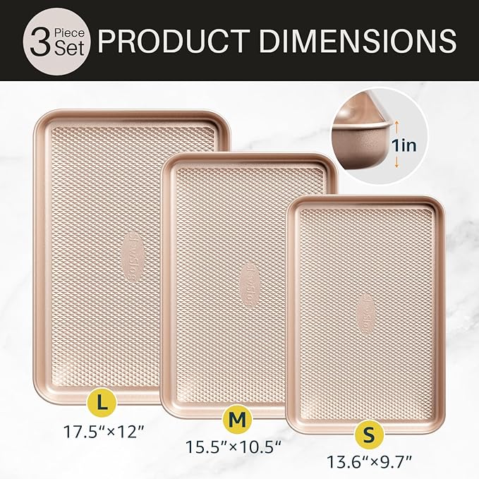 3Pcs Baking Sheet Pan Set, Large Nonstick Cookie Sheets Set, Jelly Roll Pans, Heavy Duty Carbon Steel Cookies Sheet for Oven, Diamond Texture, Gold