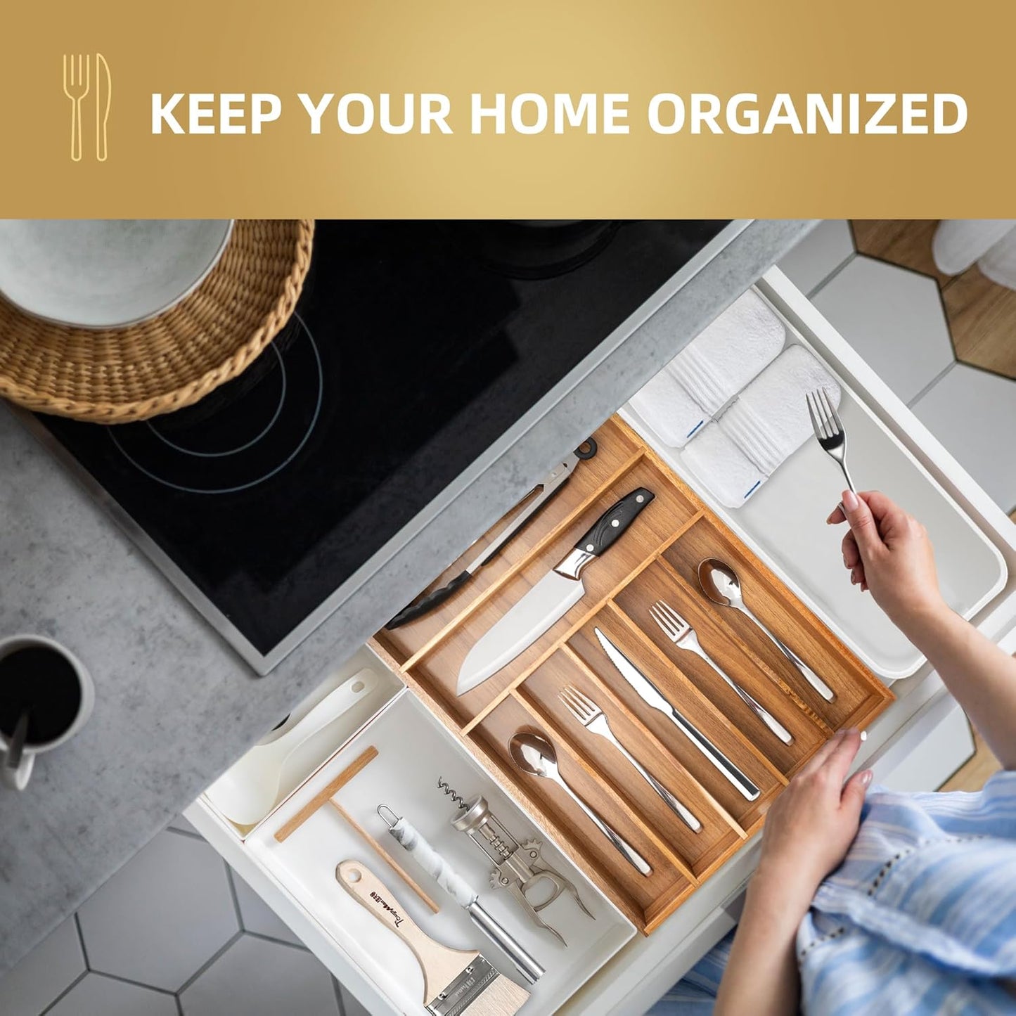 Silverware Organizer Kitchen Drawer Organizer Utensil Organizer Acacia Silverware Holder Cutlery Organizer in Drawer Flatware Organizer Tray(7 slots, Acacia