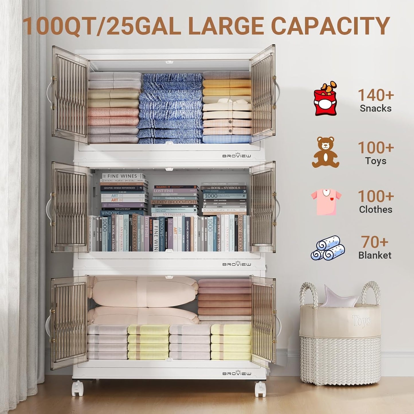 500Qt Stackable Storage Bins with Lid, Extra Large Closet Organizer Collapsible Drawer Boxes with Wheels, Folding Plastic Cabinet Containers for Home Kitchen Room Organization, 5Pack White