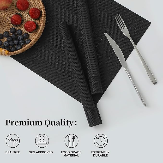 Leetaltree Black Frame Placemats Set of 12 - Heat Resistant Non-Slip Place mats for Dining Table, Washable Durable PVC Vinyl Woven Table Mats（Black Frame, 12）