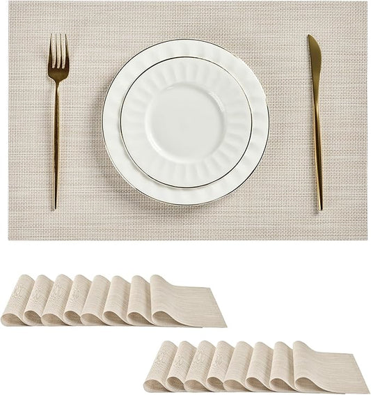 Leetaltree Beige White Placemats Set of 16 - Heat Resistant Non-Slip Place mats for Dining Table, Washable Durable PVC Vinyl Woven Table Mats（Beige White, 16）