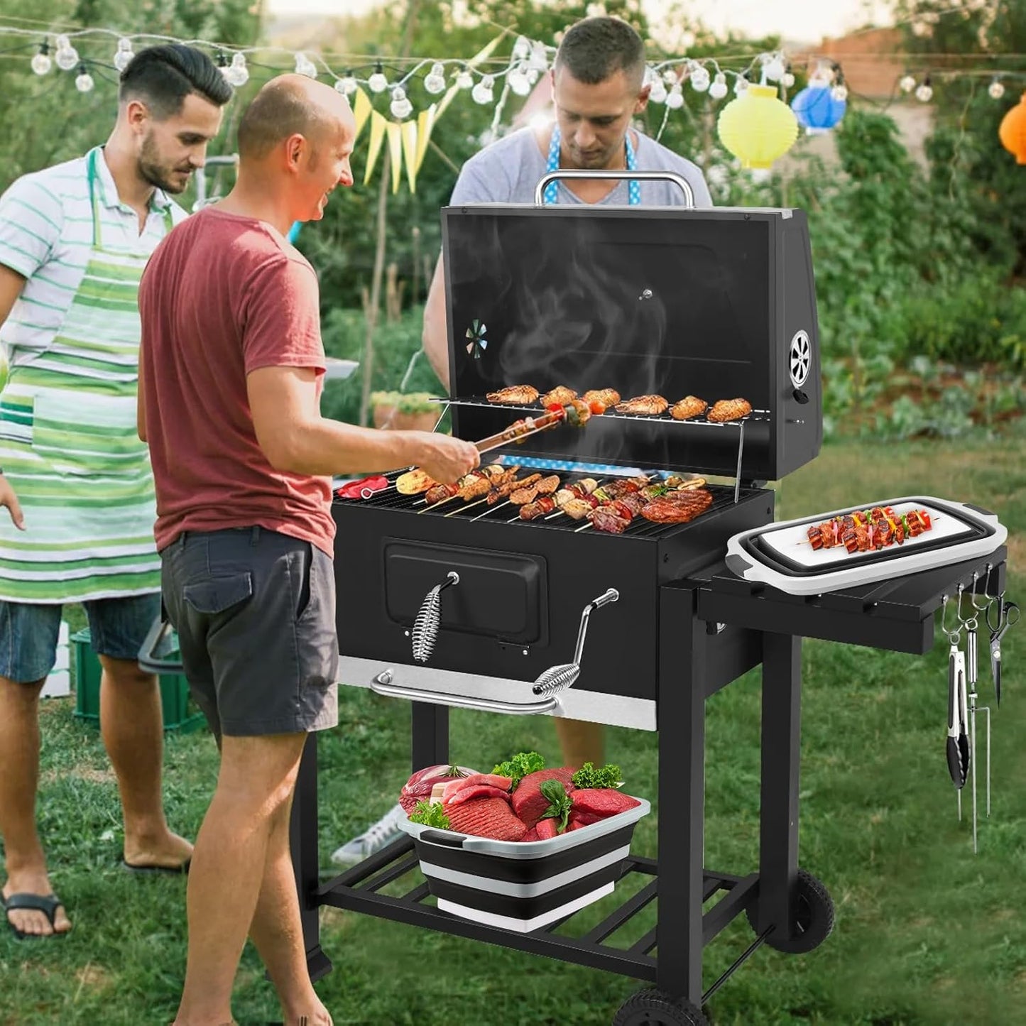 Collapsible BBQ Prep Tub with Cutting Board & Lid – 7.95 Gal / 30L Space-Saving Food Container – BPA-Free Heavy-Duty Plastic, Dishwasher Safe with Drain Hole – Offset Smoker, Backyard & Grilling