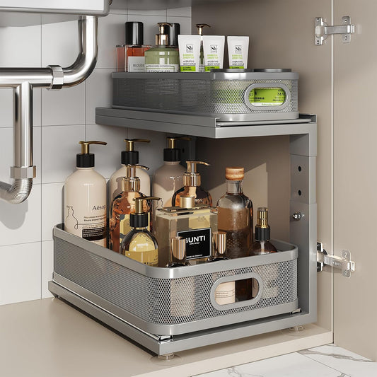 1 Pack 15.5IN-Depth Under Sink Organizer With Next-Gen Ball-Bearing Slides,2-Tier Precision Mesh Pull Out Cabinet Storage for Bathroom&Kitchen,Height Adjustable Drawers Shelf,Anti-rust-Grey
