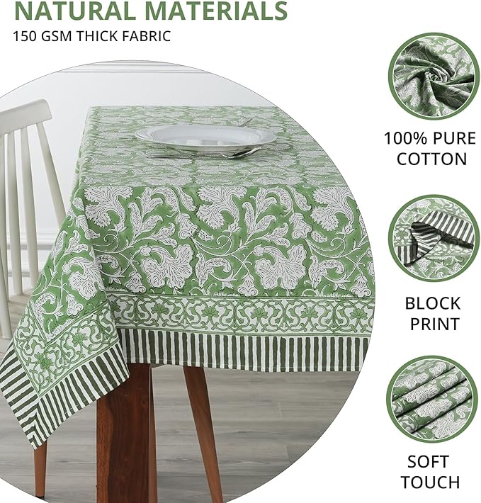 Ridhi Sage Green Hand Block Print Cotton Rectangle Tablecloth 108 X 60 inch-Reusable Table Cover Decorative Everyday Use for Dining Room, Farmhouse, Thanksgiving, Christmas Wedding, Fall