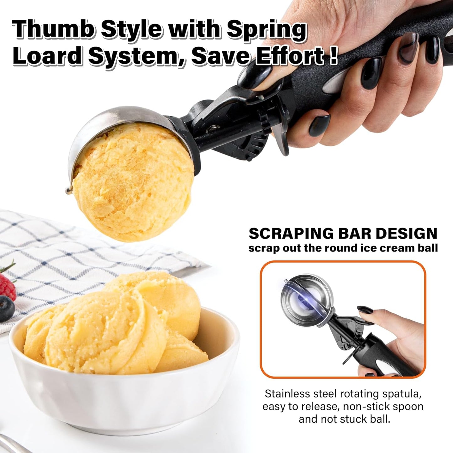 3.5 Tbsp Cookie Scoop, Ice Cream Scoop with Thumb Trigger, 3.5 Tablespoon Cookie Dough Scoop, Melon Baller Scoop, Comfortable Grip, Non-Slip, Portion Scoop 55 mm