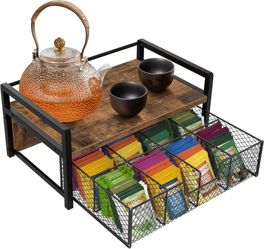 Homode Tea Bag Organizer, Wood Tea Organizers and Storage Chest, Teabag Holder with Storage Drawer,Tea Station Chest Display Container Box for Countertop Kitchen, Rustic Brown