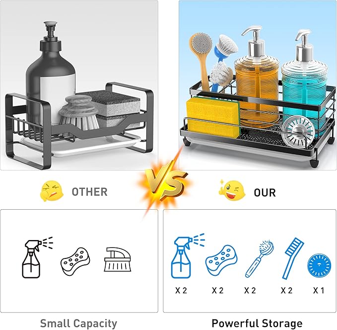 Cisily Large Black Sponge Holder for Kitchen, Sink Caddy Sink Organizer Rack for Kitchen Accessories with Drip Tray, Rustproof and Non-slip, Soap Dispenser Countertop Organizer Essentials for New Home