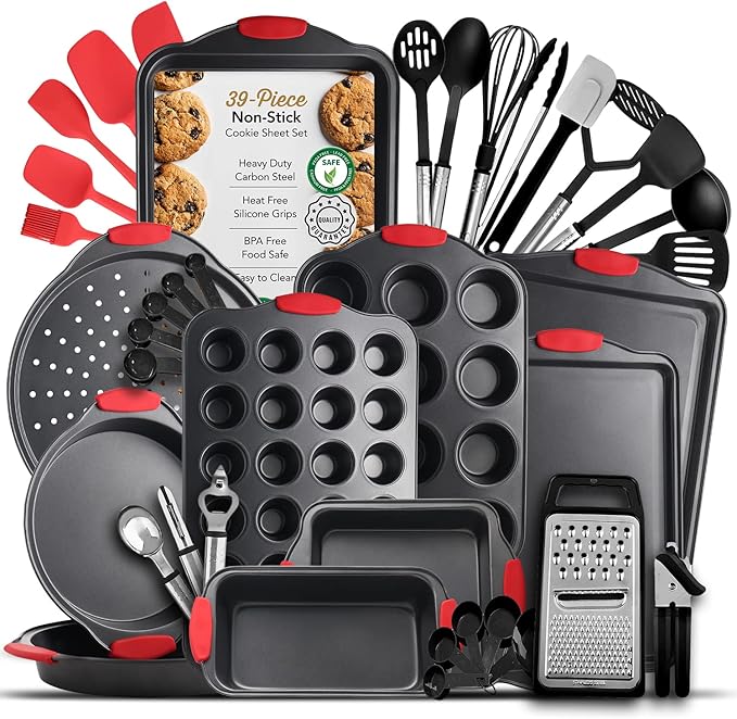 Baking Pan Set, 39 Piece Premium Baking Set, Nonstick Bakeware Sets BPA Free, Cookie Sheets for Baking Nonstick Set, Steel Baking Sheets for Oven with Muffin Pan, Cake Pan & Kitchen Utensils - Black