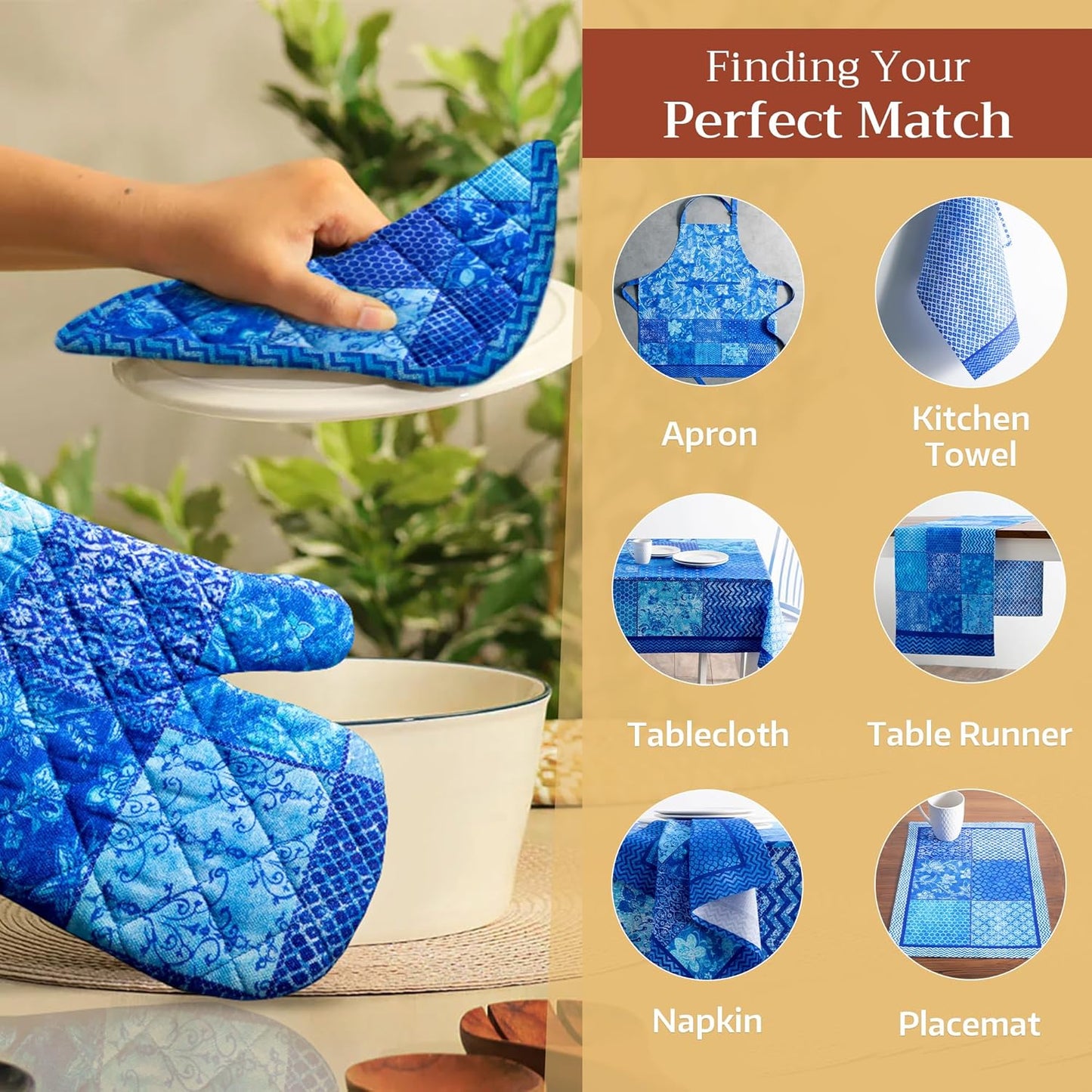 Maison d' Hermine Oven Gloves 100% Cotton Oven Mitt 7" x 13" with Loop Heat Resistant, BBQ, Cooking Gloves, Baking, Grilling, Kitchen, Handling Hot Pans Spring/Summer (Pack of 1, Indigo Love)