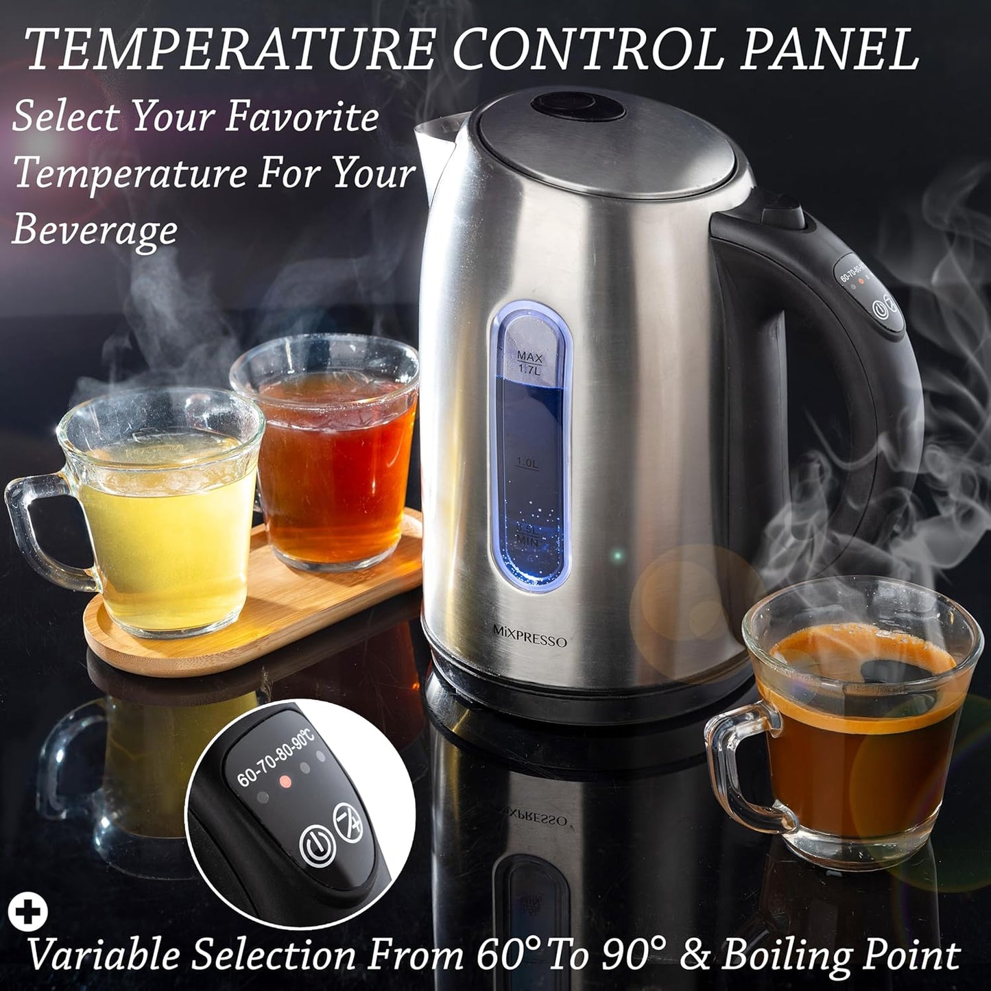 Mixpresso Stainless Steel Electric Kettle, Cordless 1.7L Electric Kettle Temperature Control,1500W Electric Tea Kettle with Viewing Window 2 Hr Keep Warm, Water Boiler with Auto-Off, Boil-Dry System