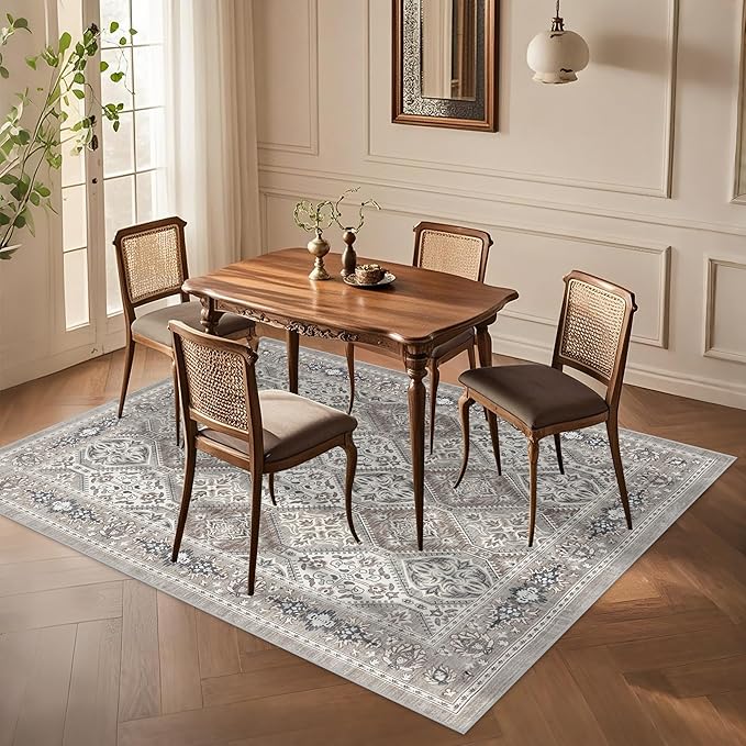 Area Rug for Living Room - 6x9 Vintage Taupe Neutral Washable Rug for Bedroom Dinning Room - Soft Low-Pile Oriental Carpet Non-Slip Tan Rugs for Office - Soft Brown