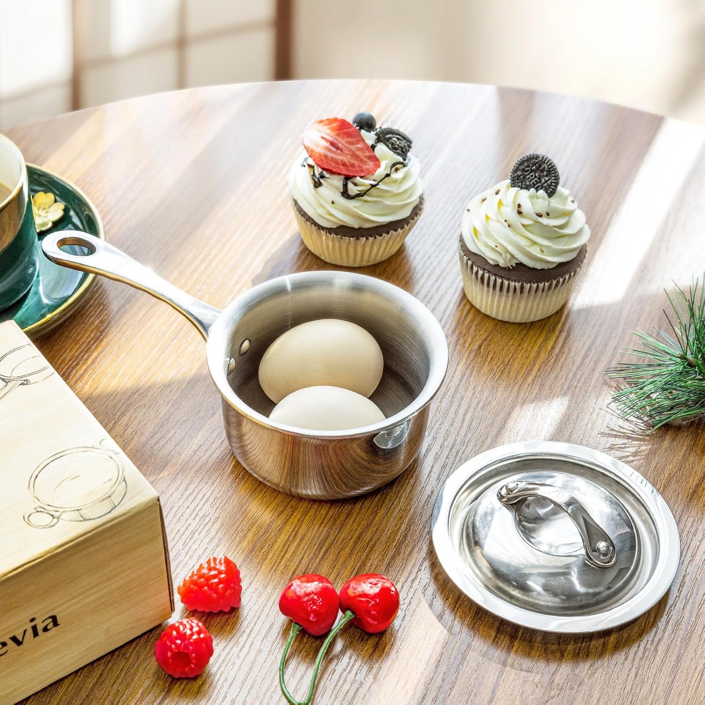 Macevia Mini Sauce Pan with Lid,Copper Butter Warmer Small Pot, Multipurpose Use for Home Kitchen or Restaurant (10.8oz/320ml)