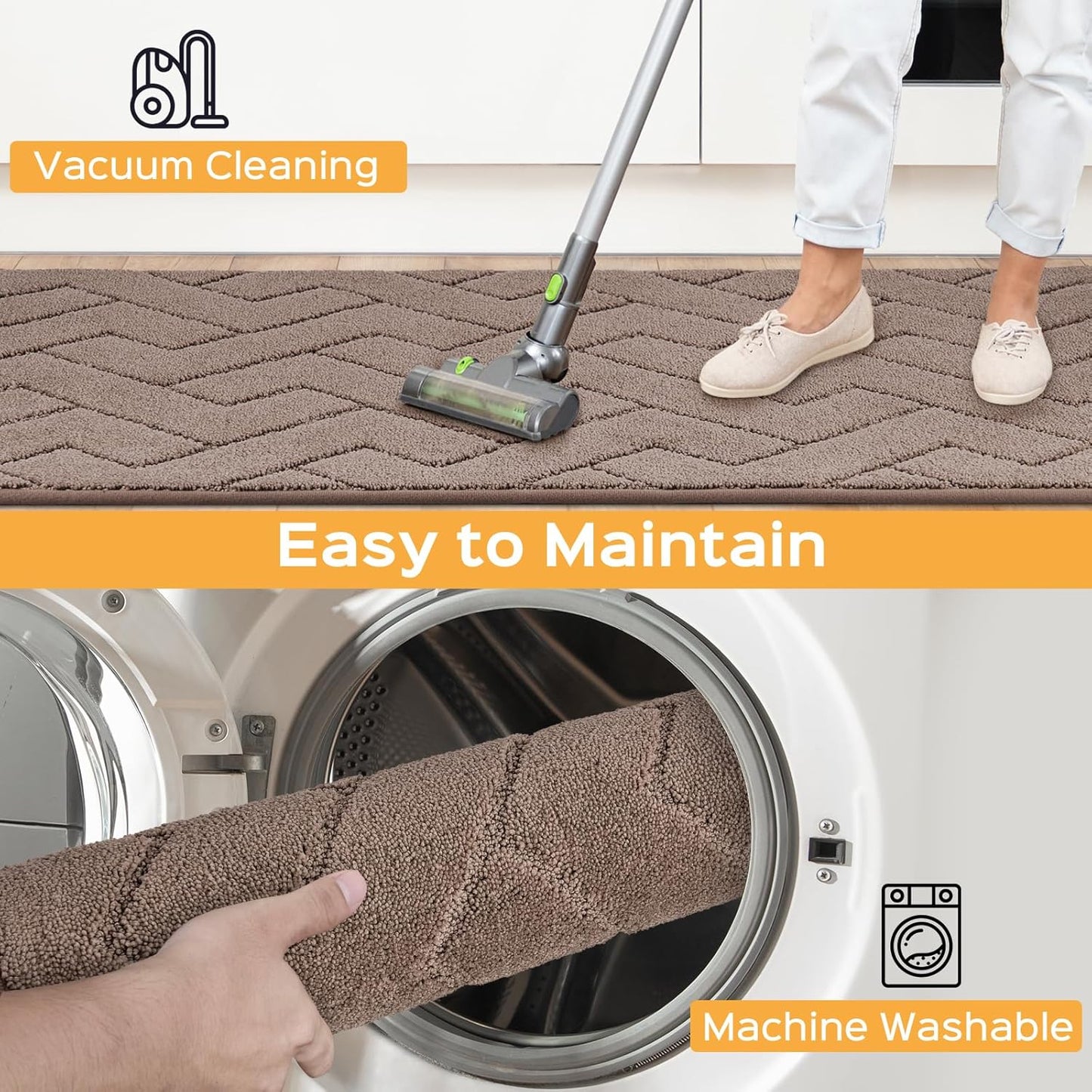 Machine Washable Kitchen Rugs Set (24" x 36"+24" x 60"), Non-Slip Kitchen Runner Rugs Mats for Floor, Absorbent Comfort Standing Mats for Kitchen, Sink and Hallway, Rolled Packaging, Grayish Brown