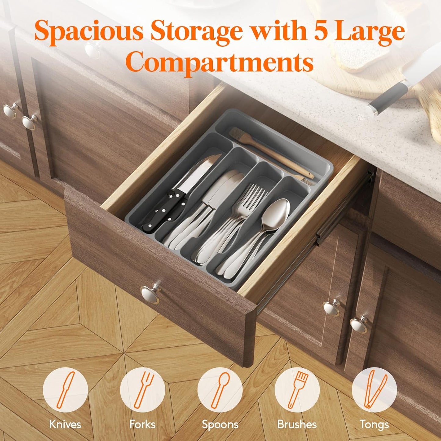Lifewit Silverware Drawer Organizer Tray, Plastic Cutlery Storage for Kitchen Drawer, Flatware and Utensil Holder Divider for Spoons Forks Knives Tableware, 5 Compartment, Gray