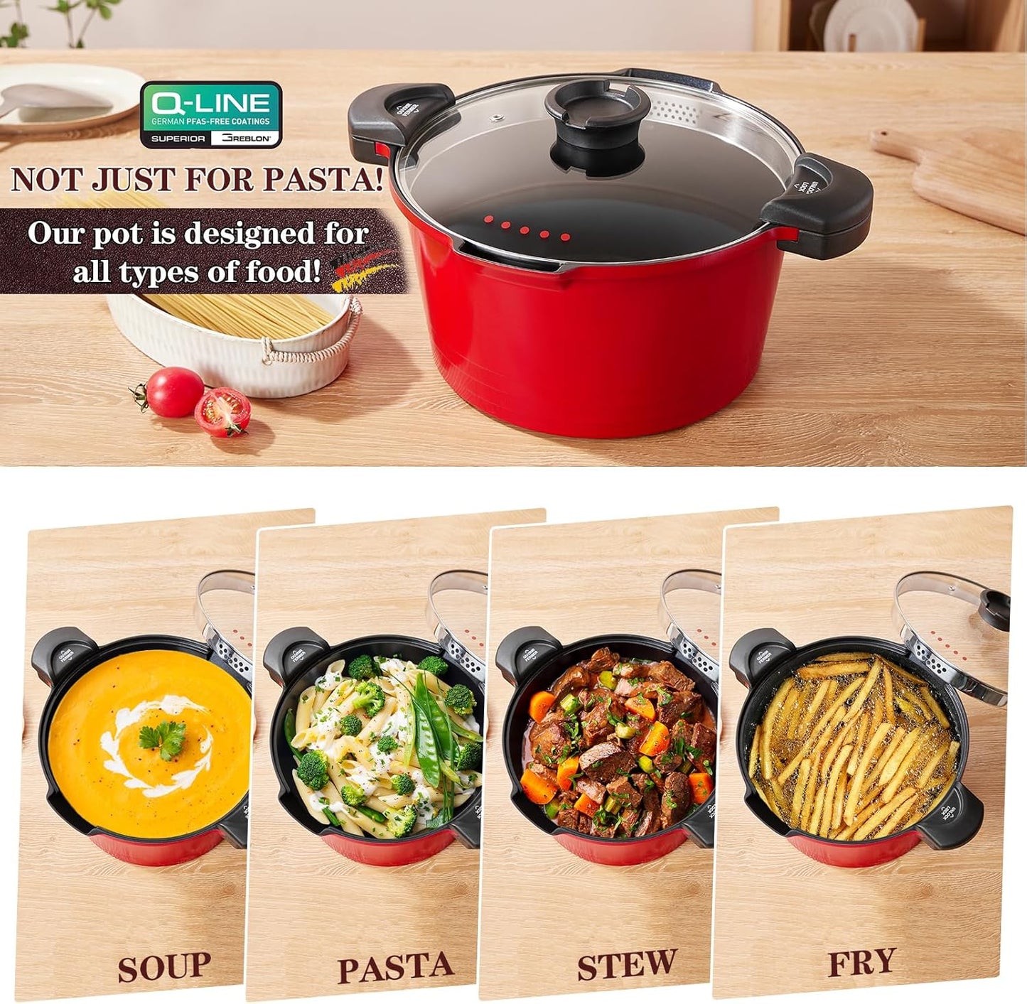 ACTIV CUISINE 8.5qt Pasta Pot with Strainer Lid, Cast Aluminum Stockpot Multipot, Nonstick Ceramic Coating make Cleanup easy with Tempered Glass Lid, Dishwasher Safe, Induction, Red