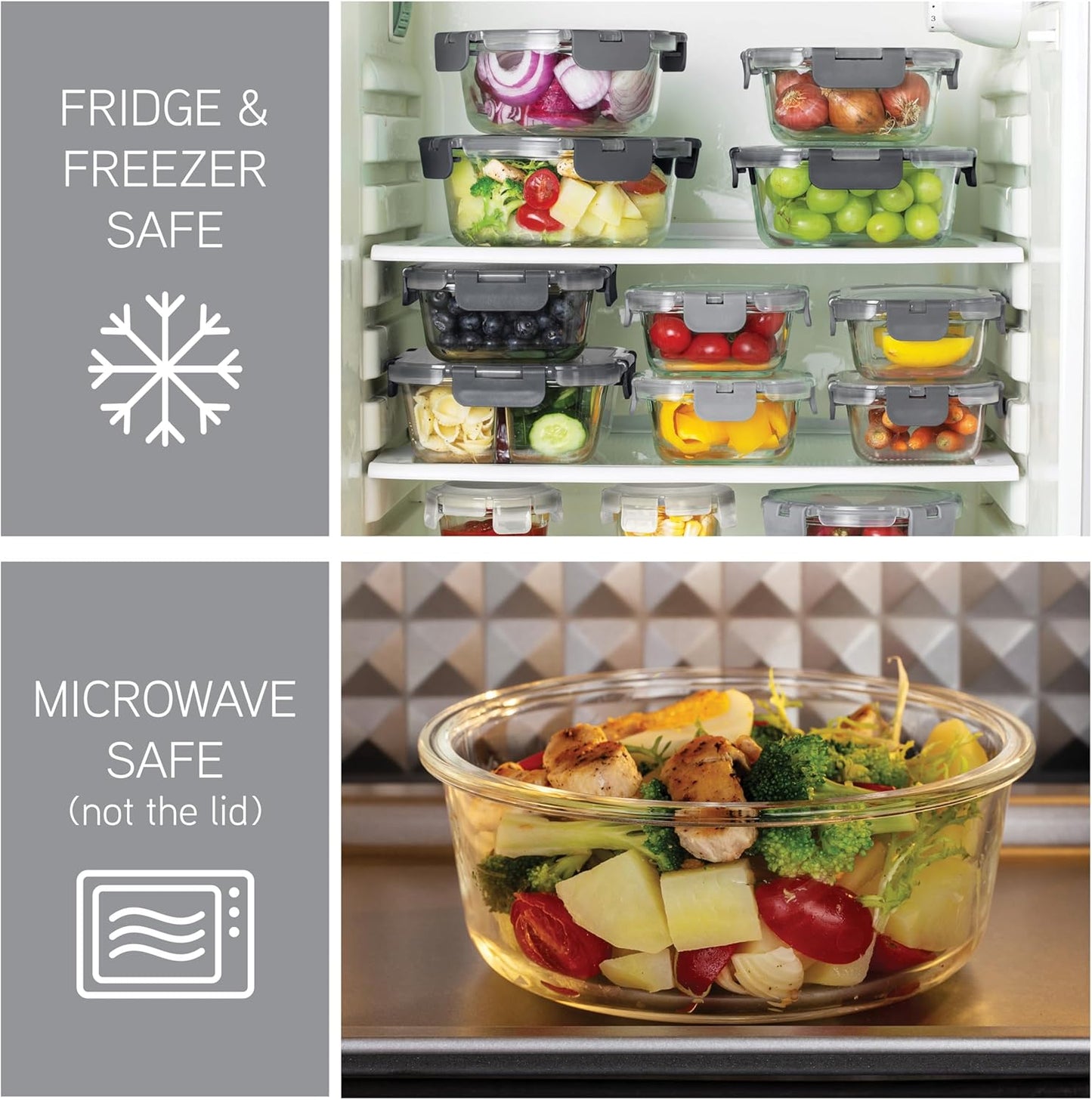 COOK WITH COLOR Premium 32-Pc. Borosilicate Glass Food Container Set with Dividers - 4 Rectangles, 8 Rounds, 4 Squares - Leakproof Lids - Meal Prep, Storage, Ombre Grey