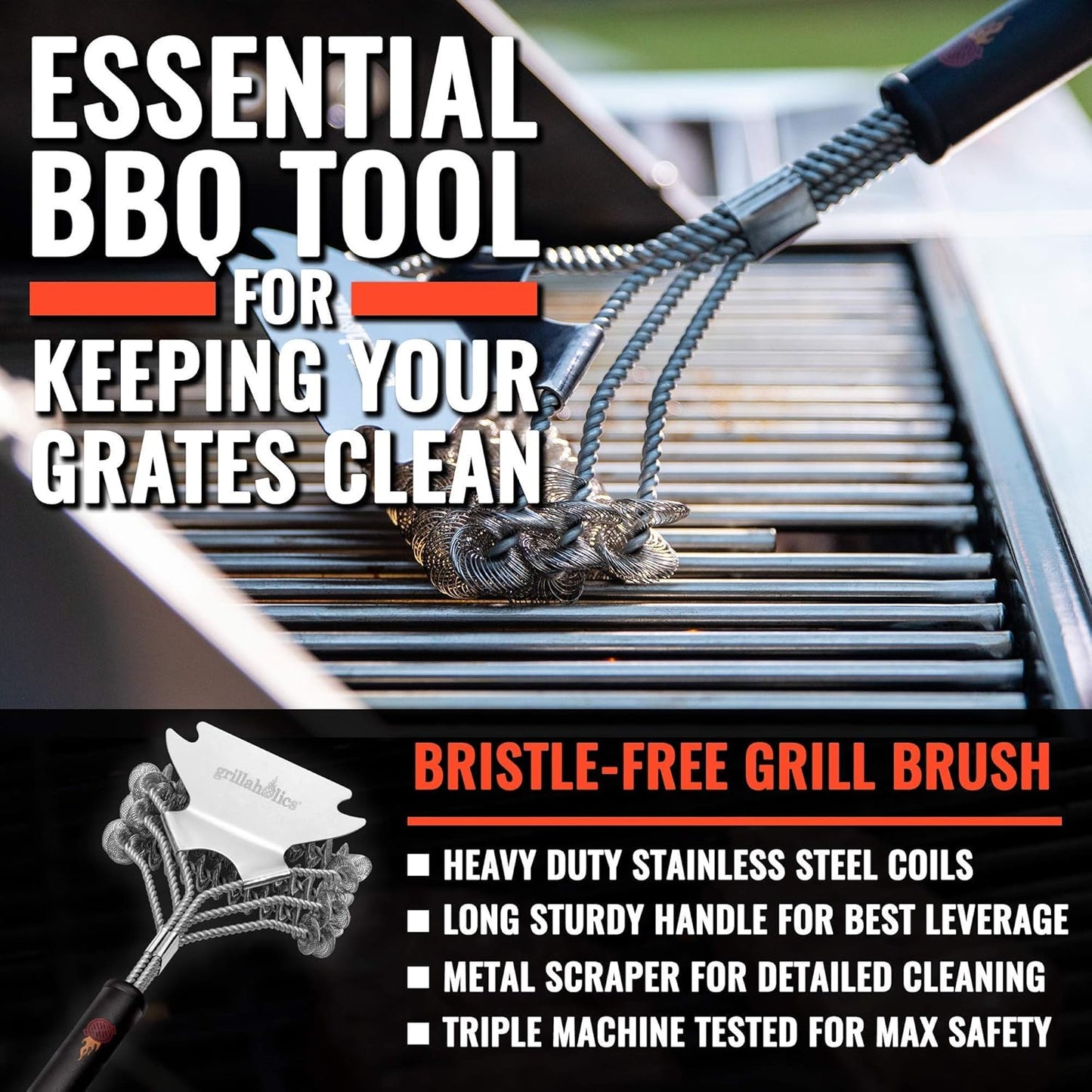 Grillaholics Grill Brush for Outdoor Grill - Safe Bristle Free BBQ Brush with Built-in Scraper – The Perfect Grilling Accessory for Cleaner Grilling