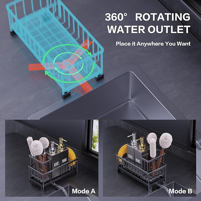 Cisily Kitchen Soap Dispenser Set with Sink Caddy, 12 Oz Glass Bottle, Hand and Dish Soap Dispenser Set with Sponge Holder (Black Sink Caddy + Black Bottle)