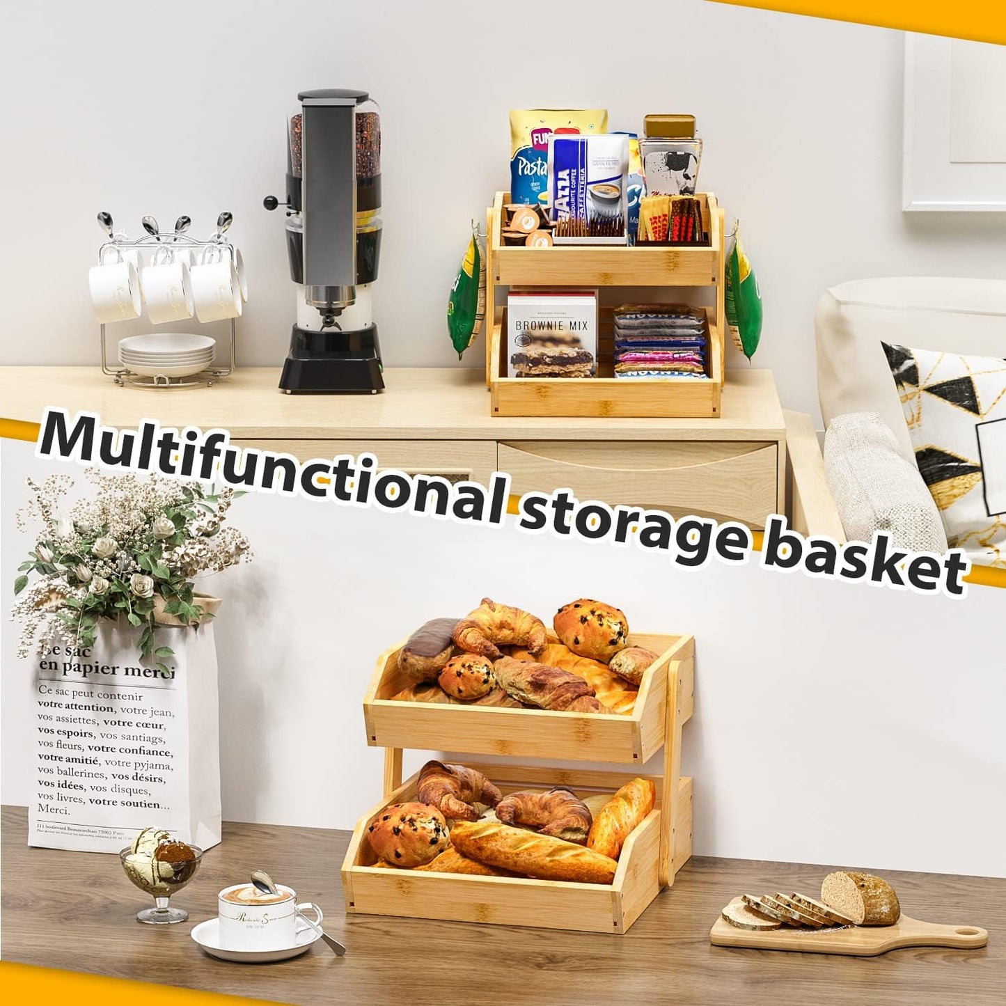 Bamboo Fruit Basket for Kitchen–2 Tier Fruit Bowl For Kitchen Counter, Large Fruit Holder With 2 Banana Hangers, Idea For Fruit and Vegetable Storage, Bread Basket, Snack Organizer(BAMBOO)