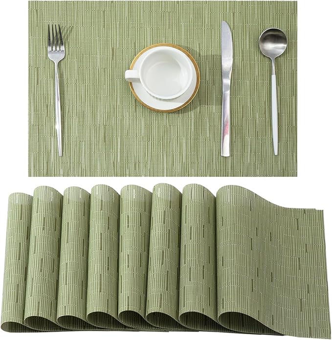 Leetaltree Pea Green Placemats Set of 8 - Heat Resistant Non-Slip Place mats for Dining Table, Washable Durable PVC Vinyl Woven Table Mats（Pea Green, 8）