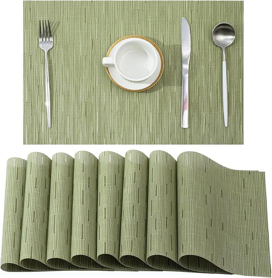 Leetaltree Pea Green Placemats Set of 8 - Heat Resistant Non-Slip Place mats for Dining Table, Washable Durable PVC Vinyl Woven Table Mats（Pea Green, 8）
